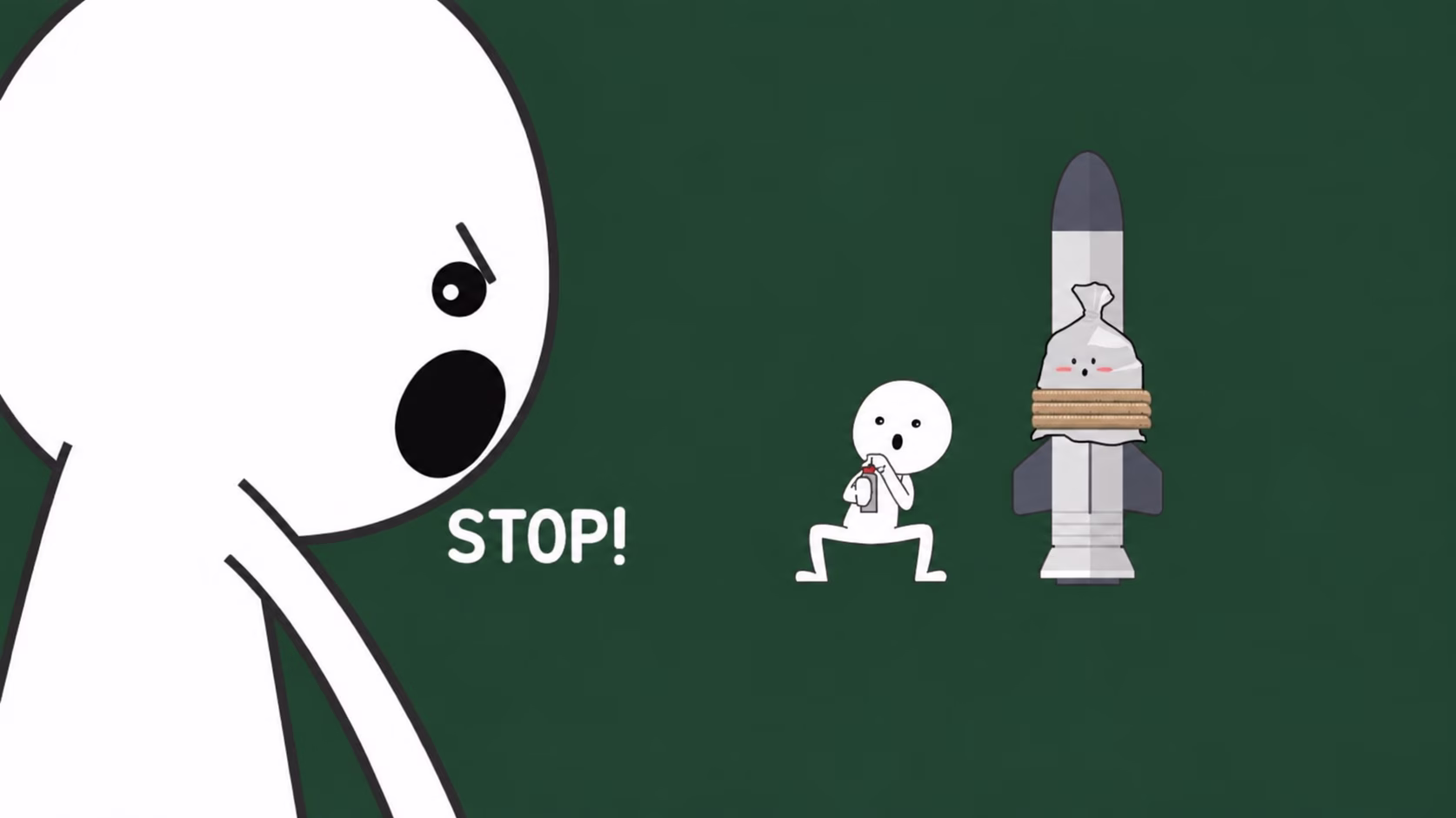 A character stops a plan to launch garbage into space