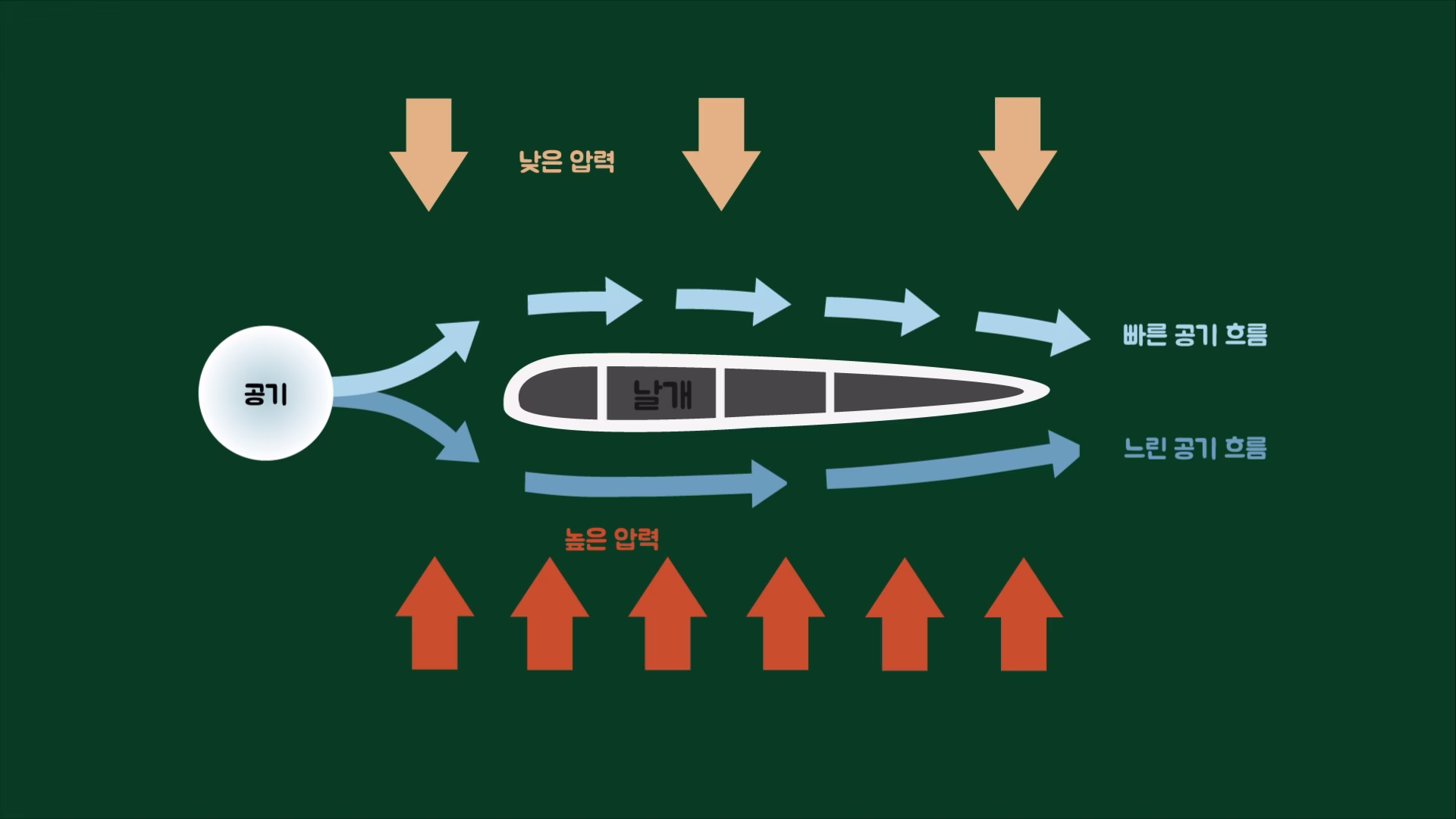 비행기 날개 위아래의 공기 흐름과 압력 차이