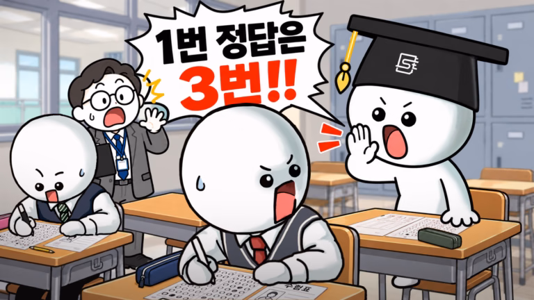 수능 시험장에서 답을 외치는 수험생과 놀란 주변 사람들
